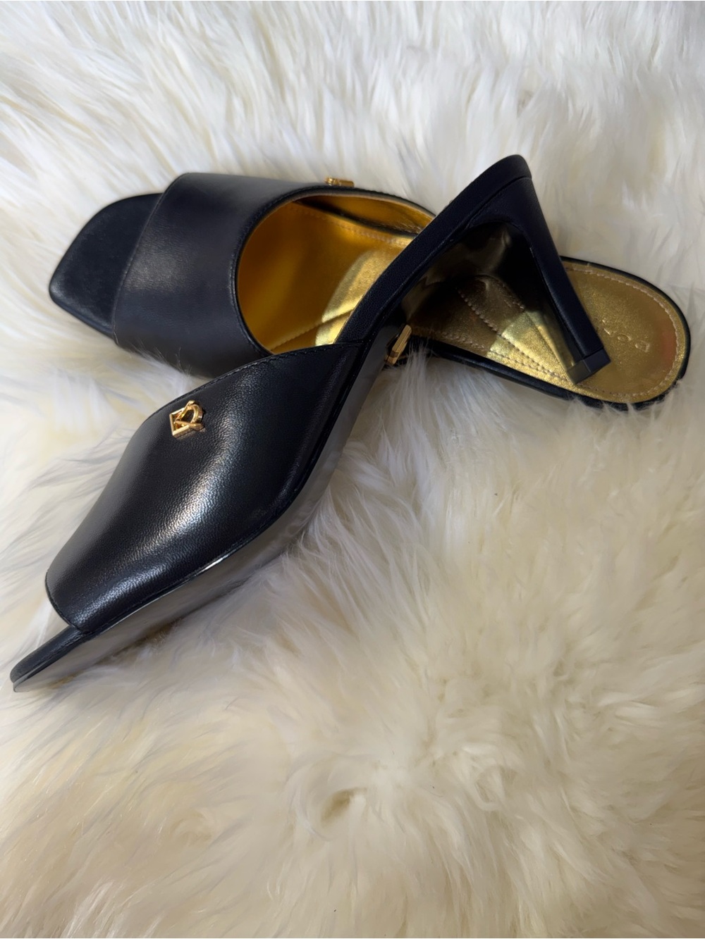 Donna Karan Black Leather Open-Toe Heeled Mules with Gold Accent